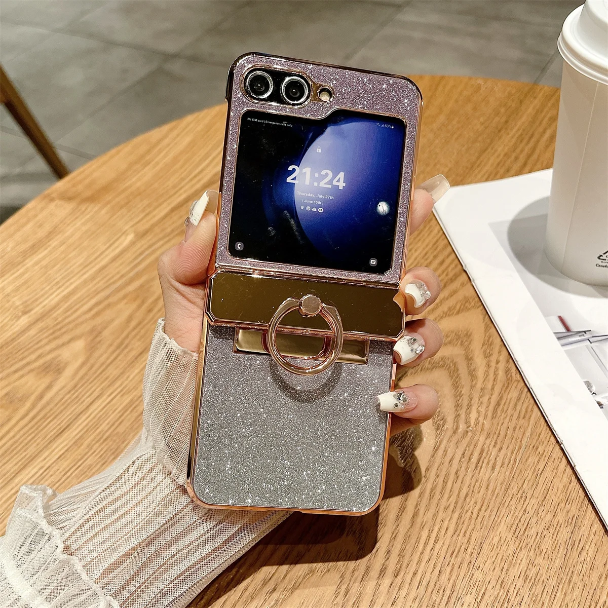 

Glitter Ring Holder Stand Case for Samsung Galaxy Z Flip 5 4 3 ZFlip flip4 Flip6 Bracket Bling Diamond Gradient Plating Cover