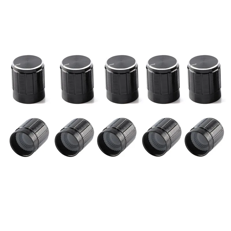 

10Pcs/5pcs Black 6mm Potentiometer knobs Caps Knurled Shaft Potentiometer Control Knob Diameter 15mmx17mm Aluminum Switch Knob