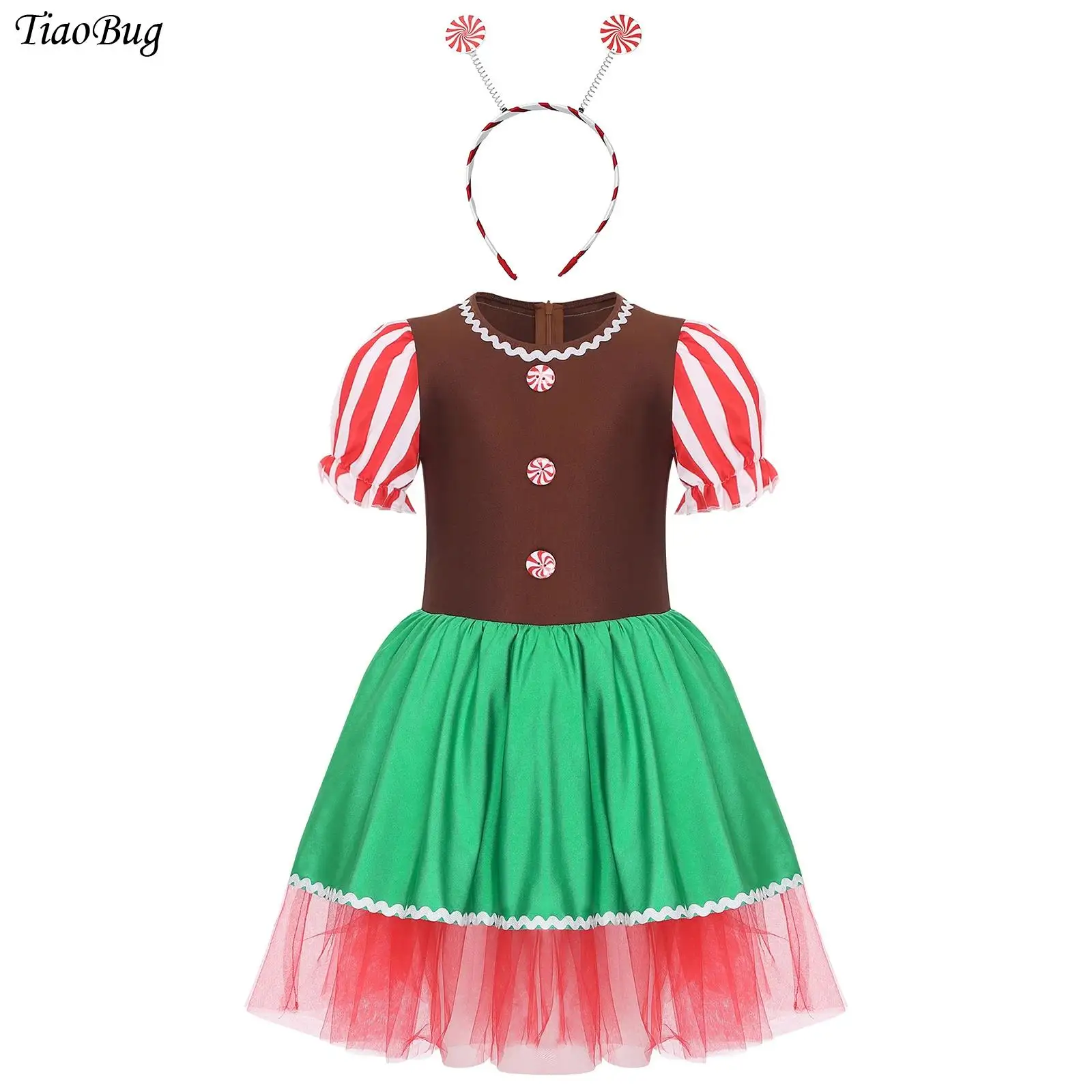 الفتيات عيد الميلاد سانتا كوكي تأثيري الزنجبيل رجل زي نفخة الأكمام قصب الحلوى الباليه توتو فستان التزلج الرقص ثياب