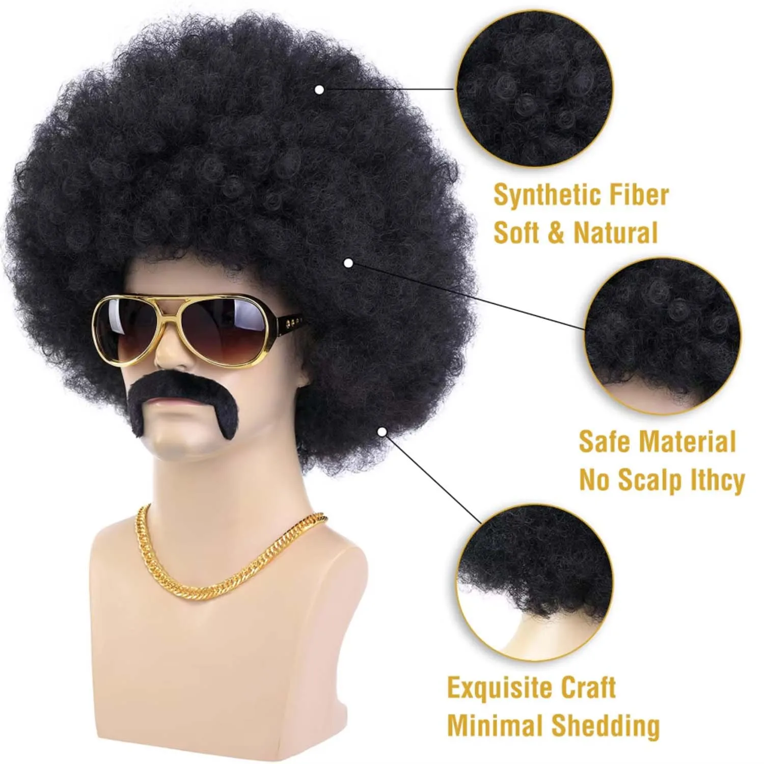 Mens Afro Wig for 70s Rocker Disco Party 5pcs Set Synthetic Afro Puff Wig for 70s 80s Halloween Costume Cosplay Party Use image 3