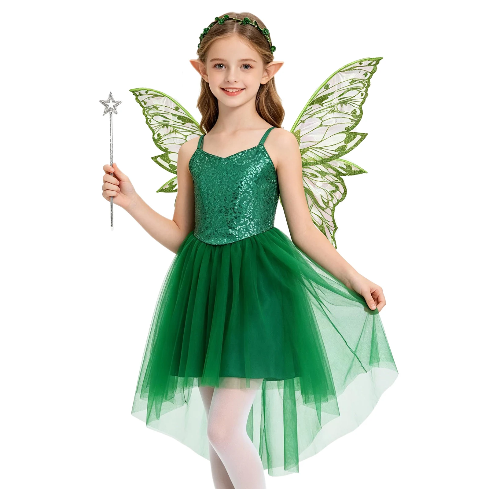 Kids Girls Halloween Green Princess Dress Glittery Sequin High-low Tulle Sling Dress And Fairy Tale Wings Forest Cosplay Costume