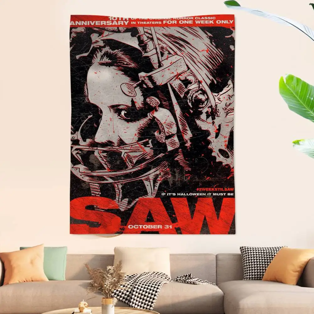 Vintage Saw Horror Movie Printed Large Wall Tapestry Art Science Fiction Room Home Decor Decor Blanket