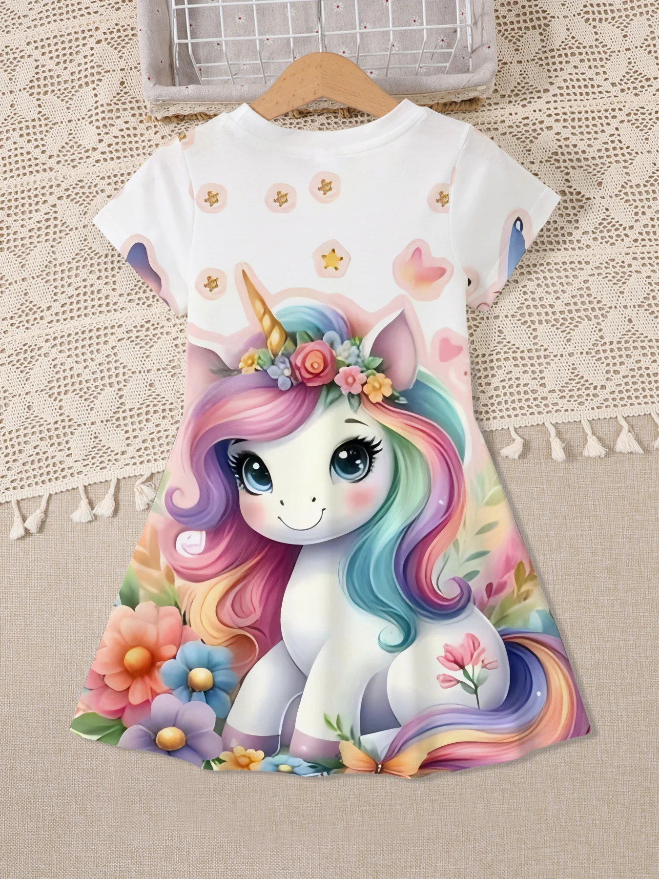 Girls Floral Unicorn Print Dress, Short Sleeve Garden Flower & Butterfly Pattern Skirt, Children Summer Casual Clothing