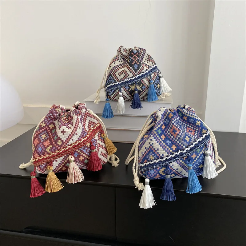 

Этническая личность, женская сумка-ведро с бахромой, сумка для мобильного телефона, подвесной кошелек для монет, сумка через плечо