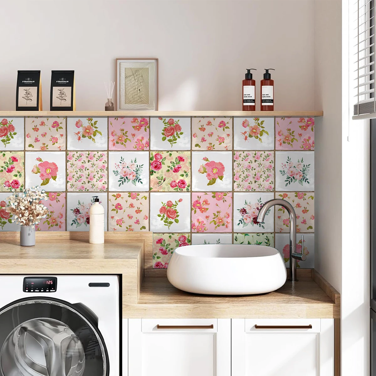 10PCS Vintage Floral Vinyl Tile Stickers – Self-Adhesive, Peel & Stick, Waterproof, Removable. Ideal for Walls, Fireplace