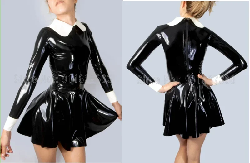 

Handmade Latex Dress With Collar And Cuff Rubber Sexy and Lady Skirt w Back Zipper Customized Halloween