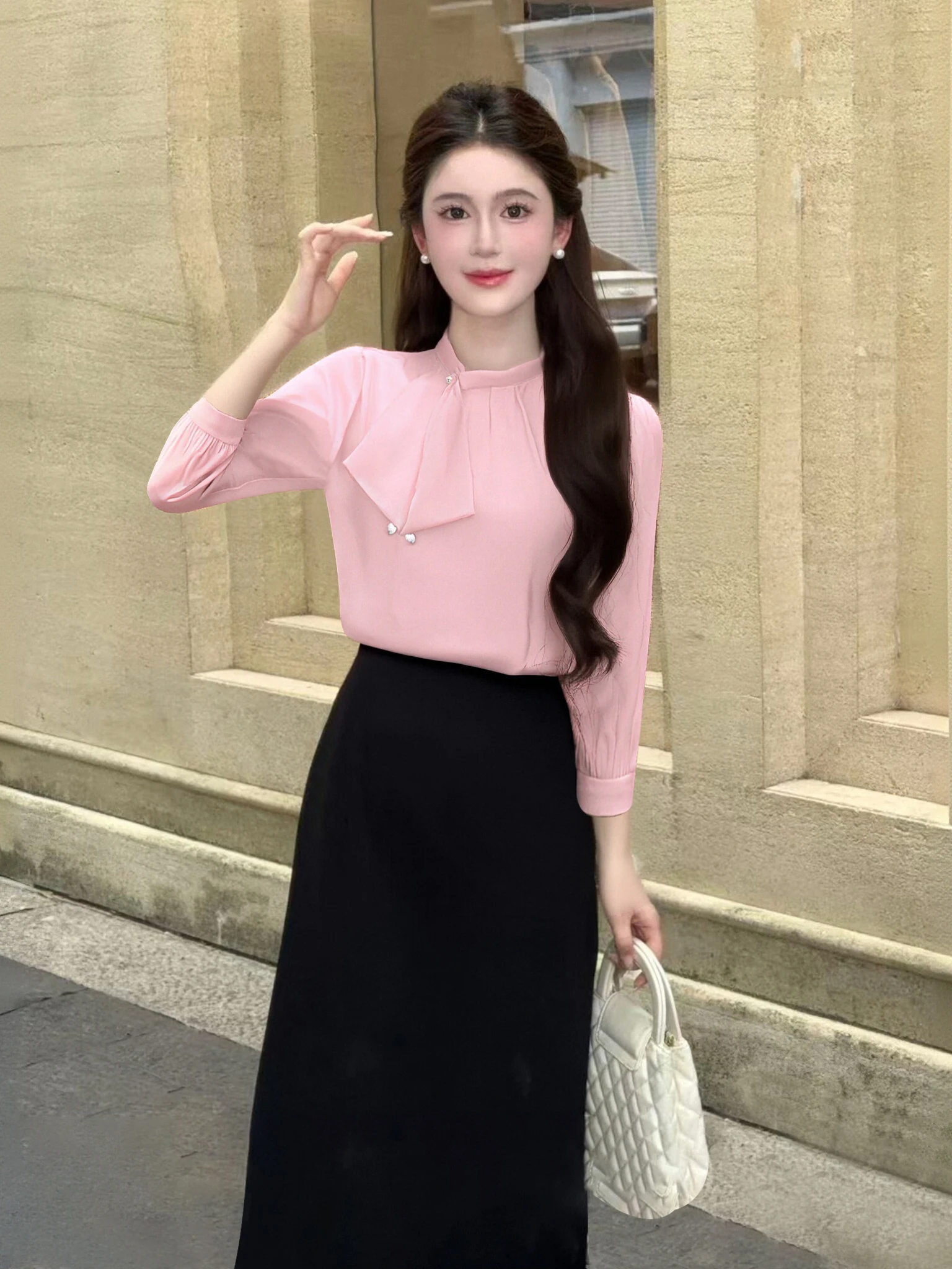 

Gentle Knot Long Sleeve Shirt Skirt Set High Waist Pure Color French Style Fashionable Women's Two-Piece Suit D3924