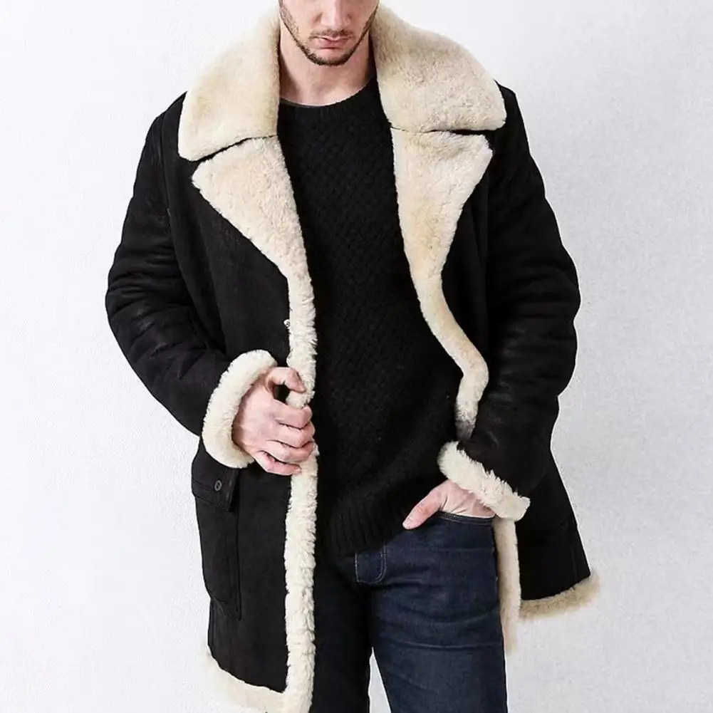 Men Coat Faux Fur Large Overcoat Plush Lining Coldproof Autumn Winter Thickened Jacket Coat Men Windbreaker Mid-length Outerwear