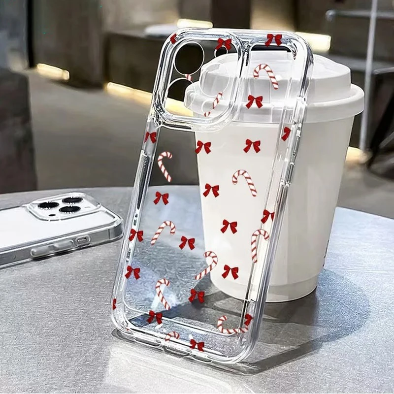Rote Schleife Weihnachts-Zuckerstangen-Muster Transparente Handyhülle für iPhone 18 17 16 15 14 13 12 11 Pro Max XS XR X 7 8 Plus 17E Air Cover