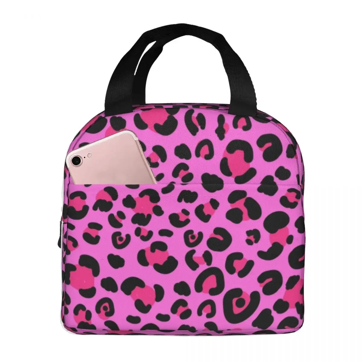 Leopard Print Black And Pink Сheetah Dot Insulated Lunch Bag for Women Resuable Cooler Thermal Bento Box Office Picnic Travel