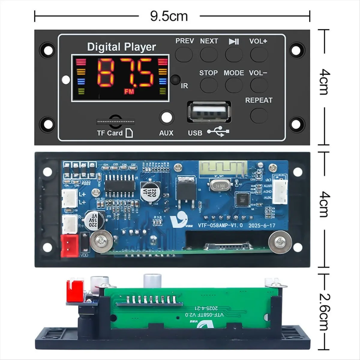 

(A32M) 2x20W 12V Wireless Bluetooth 5.3 MP3 Decoder Board Folder Switching USB TF USB MP3 AUX FM Radio Call MP3 Player Module