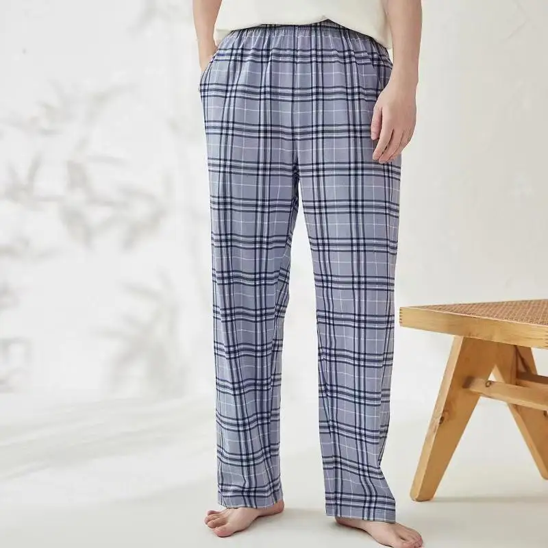 

Стильные мужские пижамные брюки для весны, осени и лета, тонкие длинные брюки, большие размеры, свободные домашние брюки в клетку