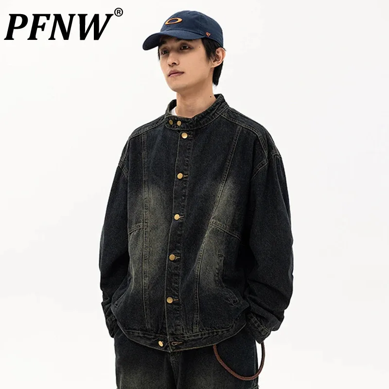 

PFNW High Street Men's Denim Jackets Stand Collar Washed Worn-out Single Breasted Loose Autumn New Male Coat Streetwear 12C1005