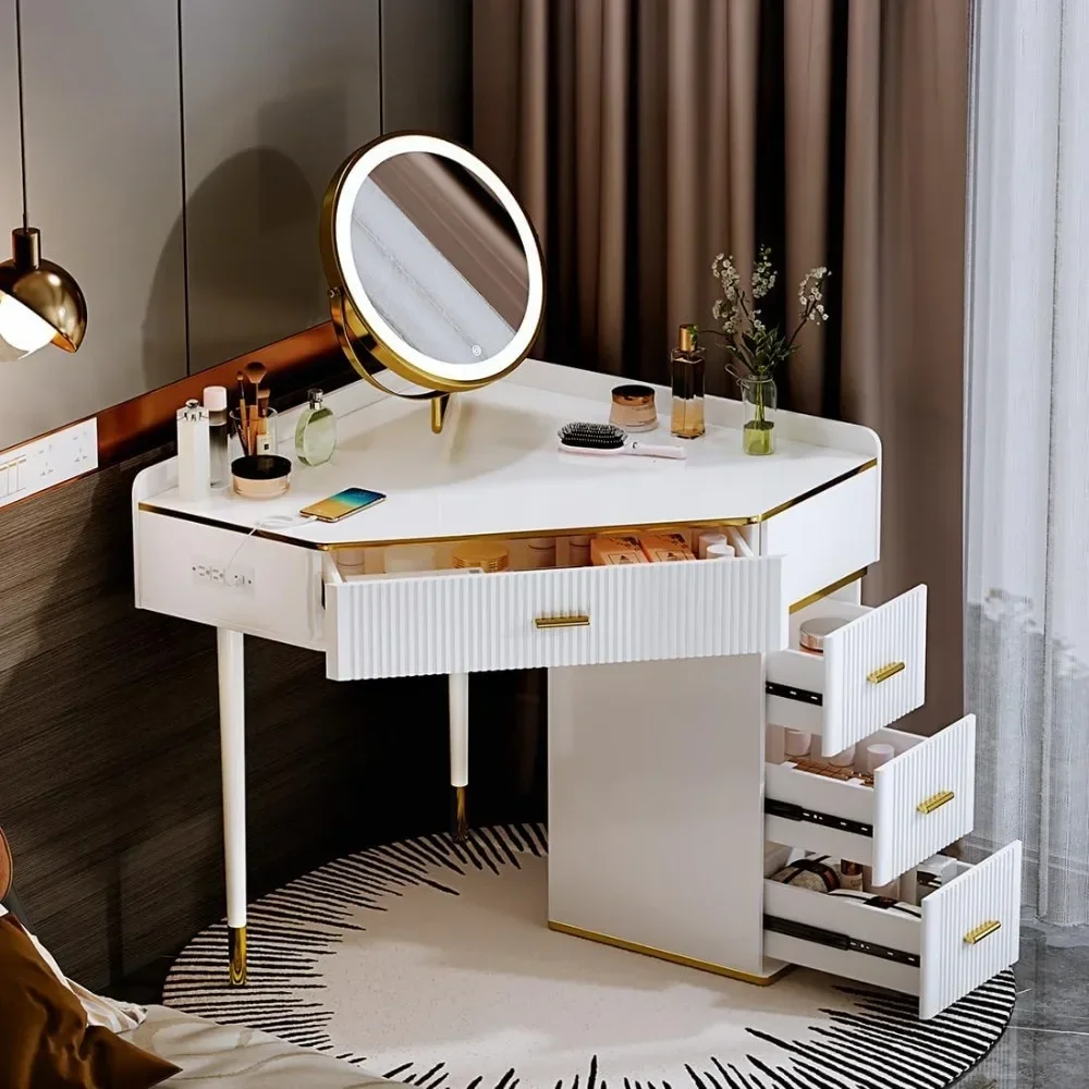 Makeup Vanity Desk with Mirror and Lights, Corner Vanity Desk, Vanity Table with 4 Drawers, With Power Strip and Nightstand