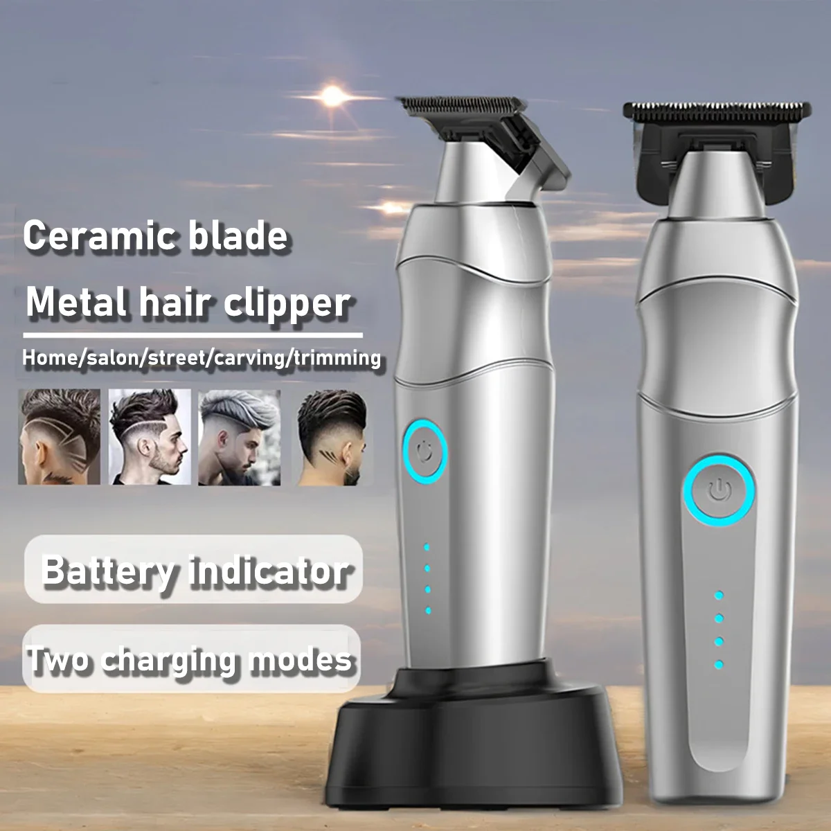 Professional Men's Hair Clipper DLC T-Blade Full Metal with Base Charger Zero Gapped Low Noise Hair Trimmer Finishing Machine