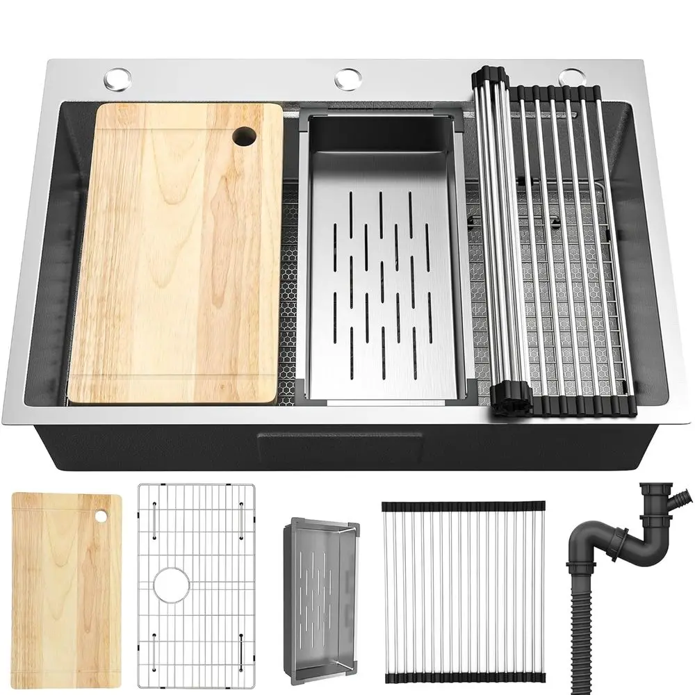 

Drop In Kitchen Sink Workstation 33in, 304 StainlSteel Single Bowl Top Mount Sink w/Ledge & Accories, eycomb Surace Design, 33 x