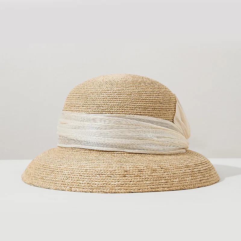 French Hepburn style silk linen ribbon lamp shade hat women's summer sun block straw hat ultra fine raffia shade basin hat