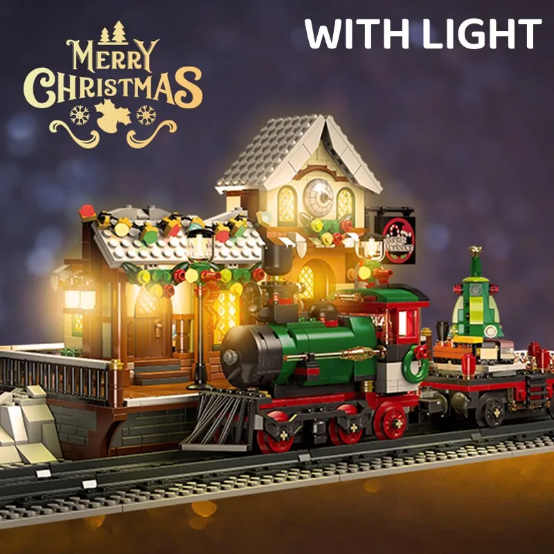 Christmas Train Platform With Light Street View Building Blocks Bricks Winter House Railway Station Model Assembly Toy Kid Gifts