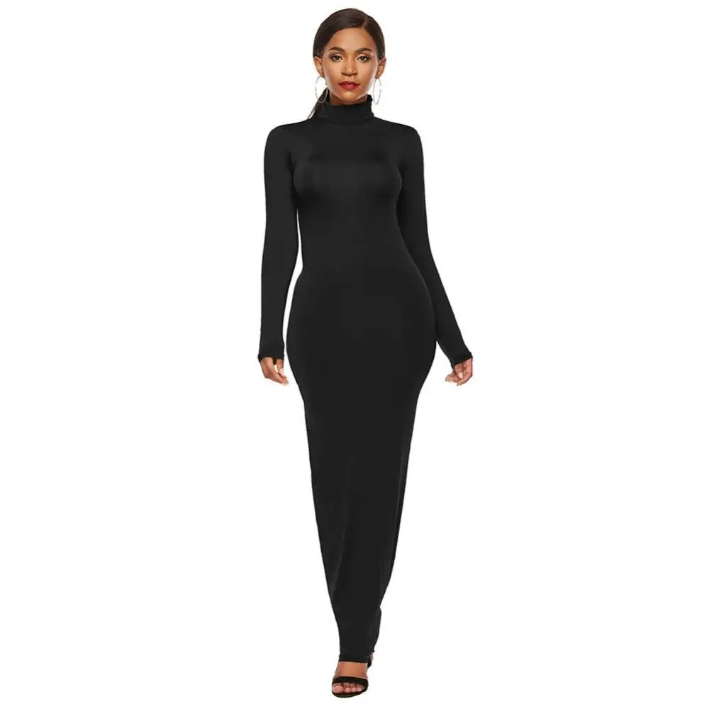 Women Long Dresses Plus Size Party Solid Color Women Long Sleeve Turtleneck Bodycon Dress Maxi Vestidos S-5XL