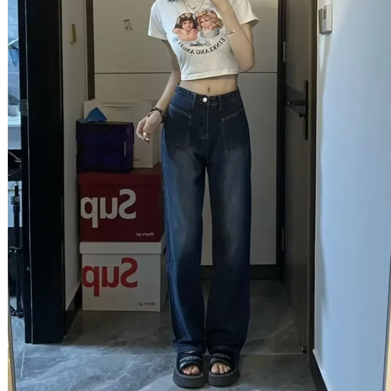 

Темно-синие прямые джинсовые джинсы, женские весенне-осенние американские ретро с высокой талией, утягивающие свободные широкие брюки длиной до пола, тренд...