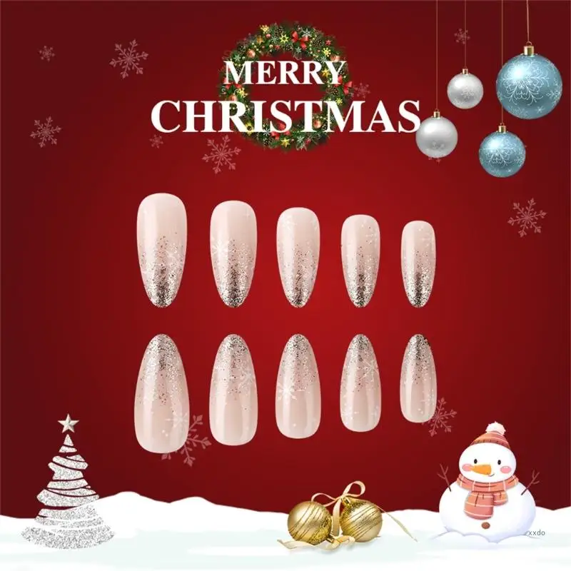 24 Pieces Christmas Press On Nails Medium Almond False Nail With Glitters Snowflake Designs Winter Artificial Nails