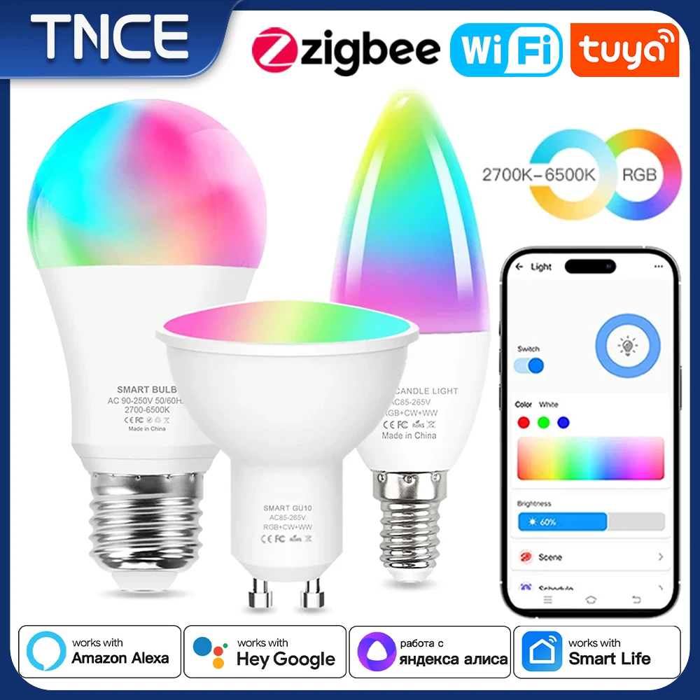 TNCE Tuya E27 E14 GU10 WIFI Zigbee, Dimmable Light LED lamps 2700-6500k RGB Bulb, Smart Life, Voice With Alexa Google Home alice