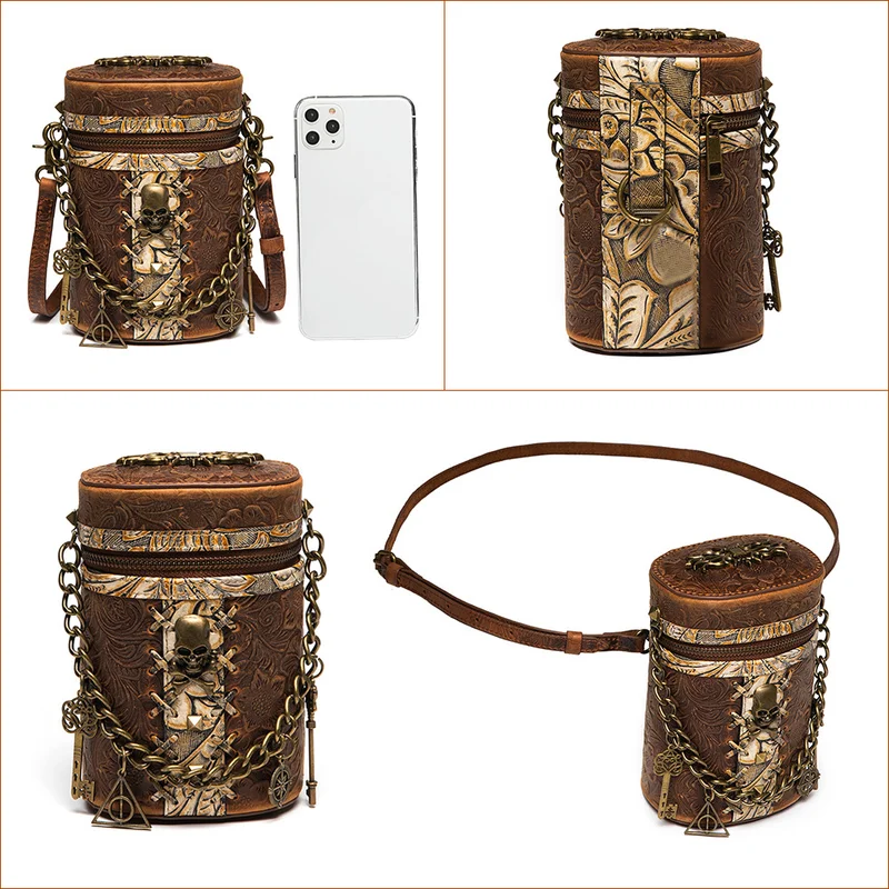 2026 New Fashion Punk Skull Shoulder Bag For Women Vintage Leather Small Bucket Bag With Long Chain Streetwear Travel Gift