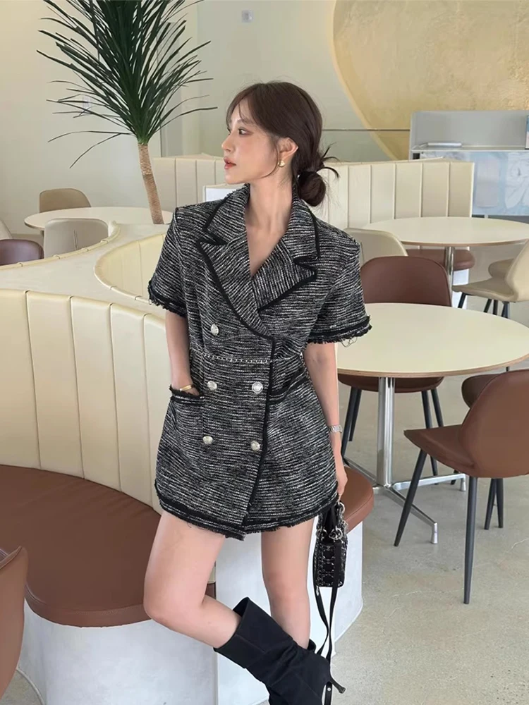 Liangliang Home Small Fraance Double Button Coarse Tweed Women's Summer New High-End Mixed Color Woven ort Dr
