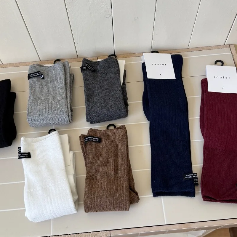 

SP & CITY корейские носки до середины икры с буквенными этикетками, женские повседневные однотонные хлопковые носки с ворсом, мягкие дышащие высокие носки в студенческом стиле