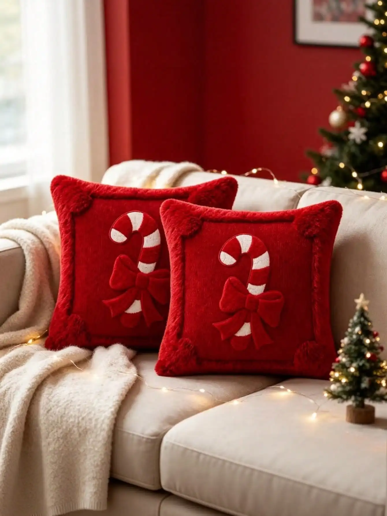 1pc Christmas Decorative Pillow Covers 17.7x17.7 Inches, Short Plush Christmas Ribbon Decorated Pillowcases, Soft And Comfortable Cushion Covers, Suitable For Christmas, Halloween, sf260824215047499447285