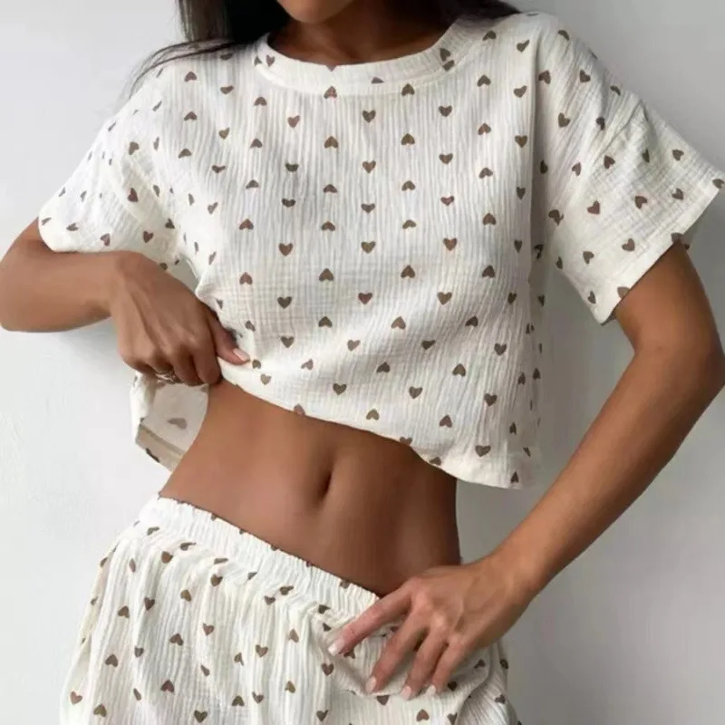 

Women Pajamas Set Summer Thin Love Print Crepe Pure Cotton Pajamas Women's Short-sleeved Slit Shorts Two-piece Set