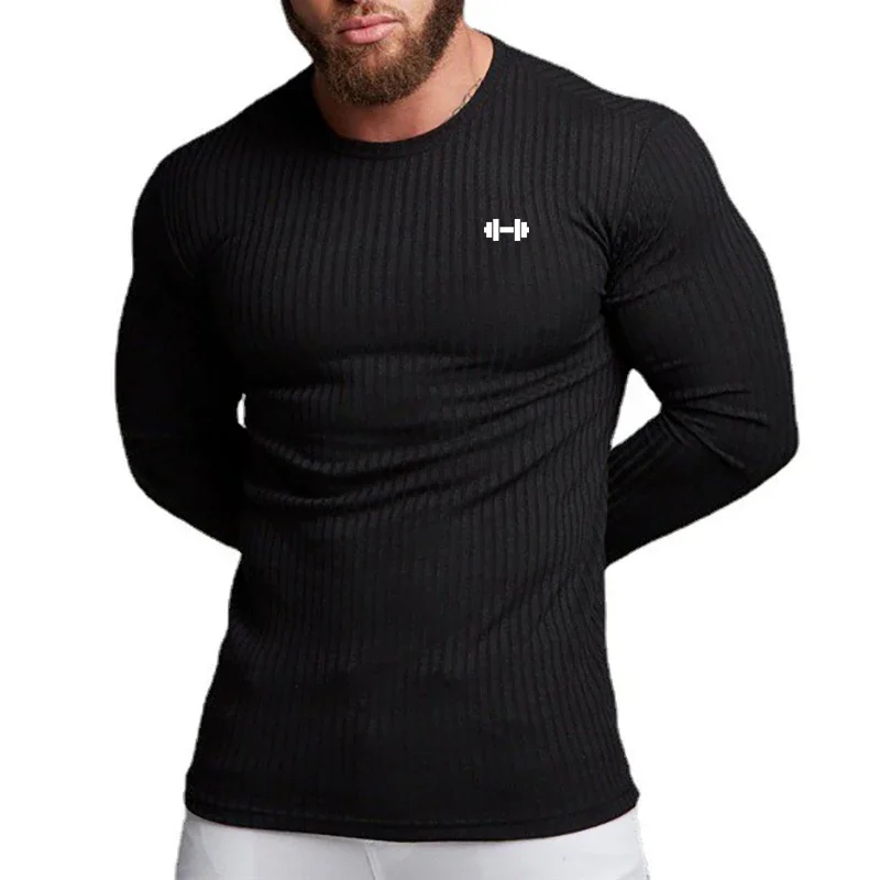 Prendas de punto ajustadas a rayas con cuello redondo para hombre, jersey ajustado para culturismo y Fitness, estampado gris, ropa informal para hombre musculoso para Otoño e Invierno