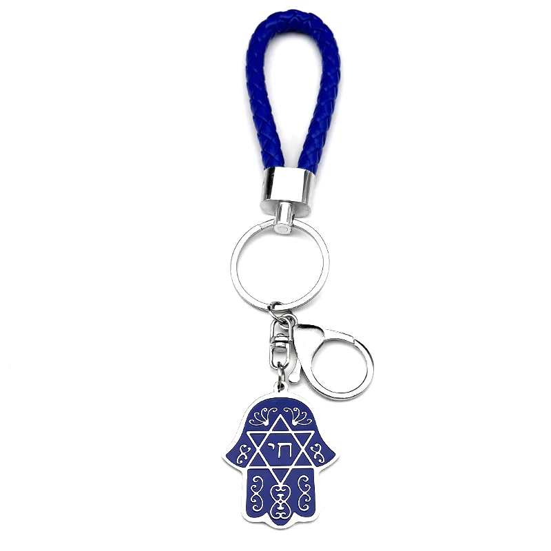 Hebrew Judaism Hexagram Jewish Hamsa Hand Fish Eyes Key Chain Stainless Steel Blue Color David Star Hand of Fatima Jewelry view 4