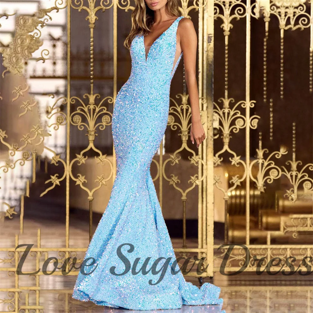 

Sexy Backless Evening Dresses For Women Mermaid Long Prom Dress Sequin V Neck Formal Party Gowns vestidos de fiesta