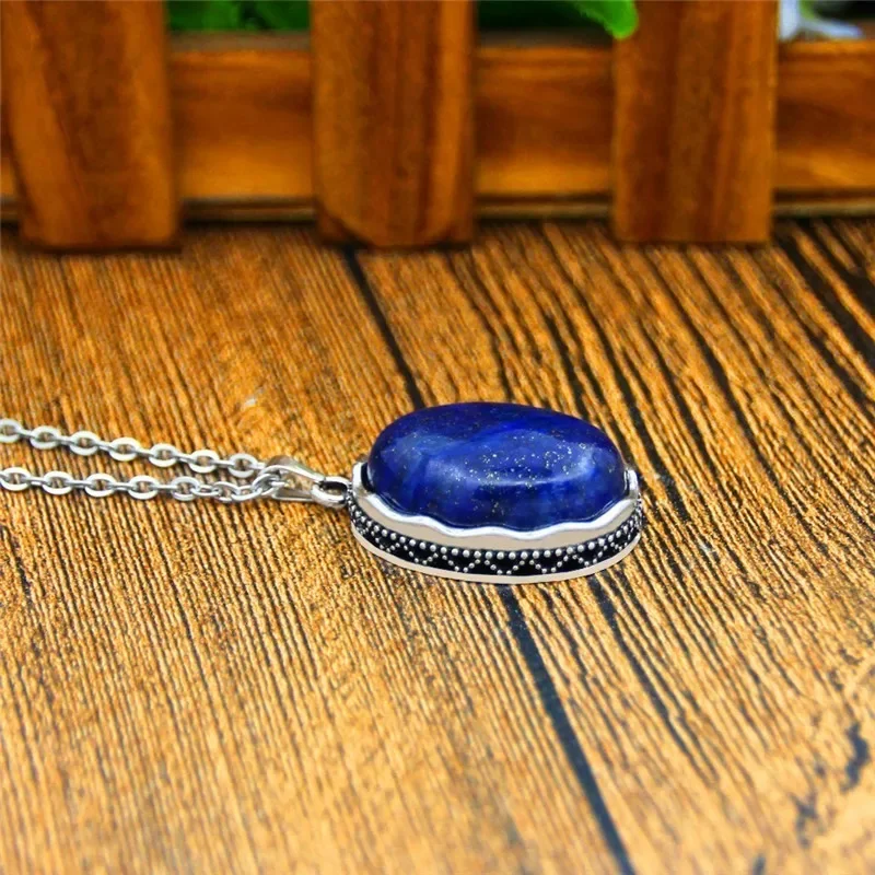 Oval Natural Lapis Lazuli Jewelry Set Necklace Earrings For Women Antique Silver Plated Stainless Steel Chain Wedding Party Gift