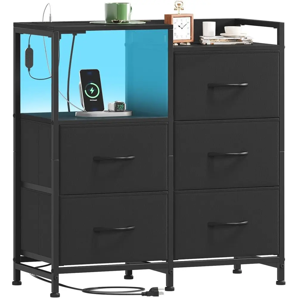 

Black Nightstand with Charging Station, LED Light, Wide Storage for Bedroom or Dorm, Fabric Bins Included