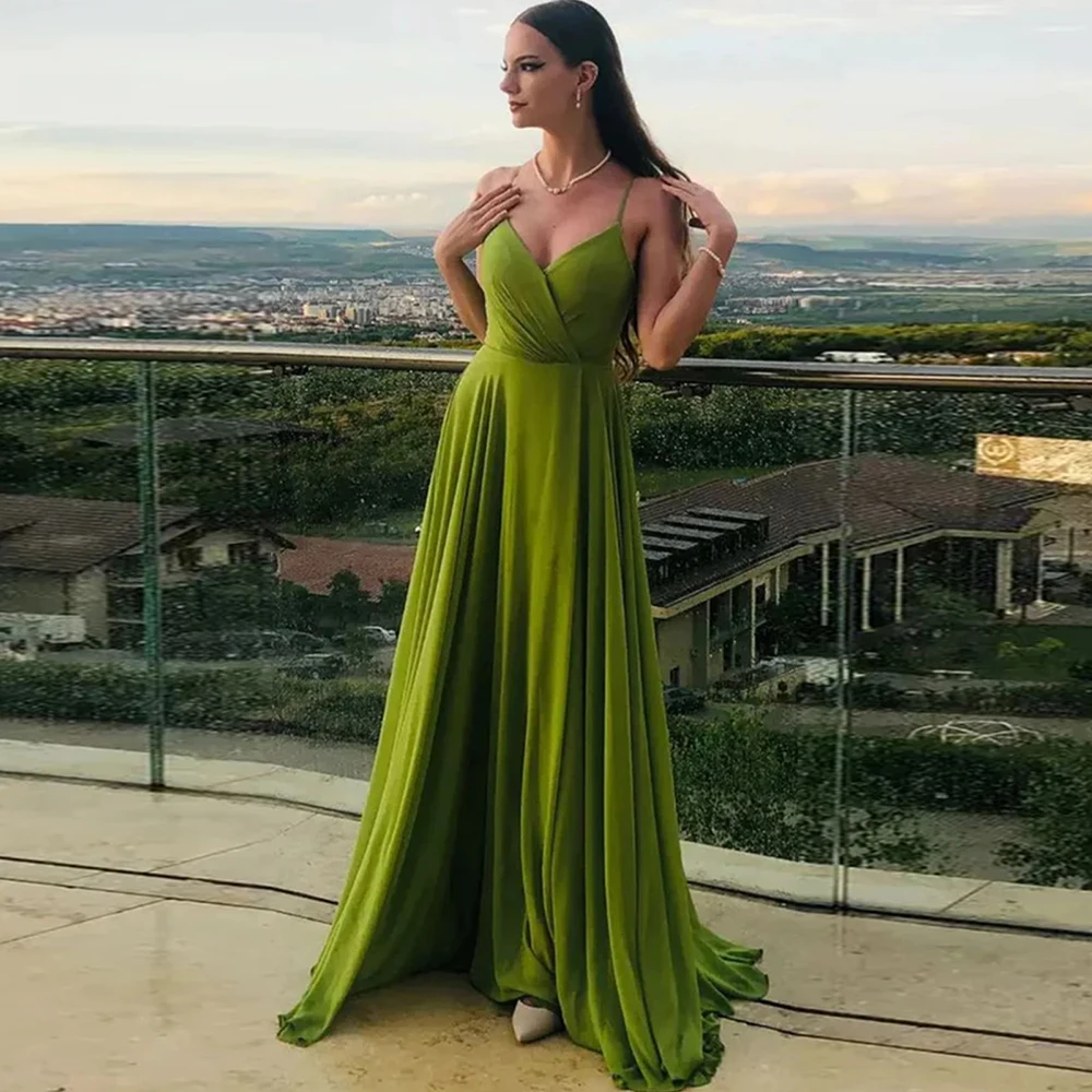 Sexy Olive Prom Dress Spaghetti Strap V-Neck A-Line Party Gown Floor Length High Slit Formal Evening Dress Vestidos De Noche