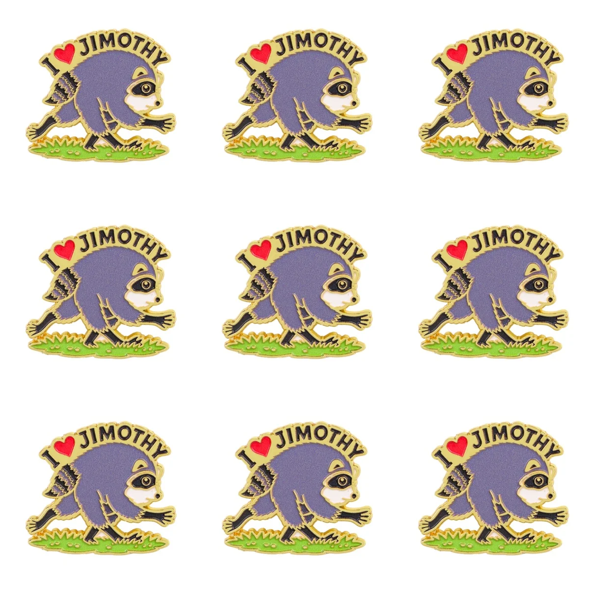 9 Stück Cartoon-Waschbär Emaille-Pin „I Love Jimothy“ – Laufender Waschbär Anstecknadel für Taschen und Jeans – Einzigartiges, lustiges Statement-Accessoire – Detail 2