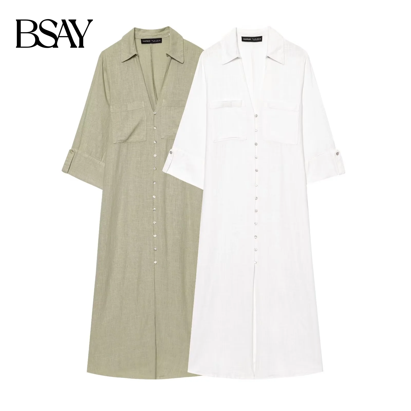 BSAY Robe Kleid für Frauen Mode Sommer Hemd Stil Einreiher Lange Revers Midi Kleider Französisch Chic Weibliche Abend