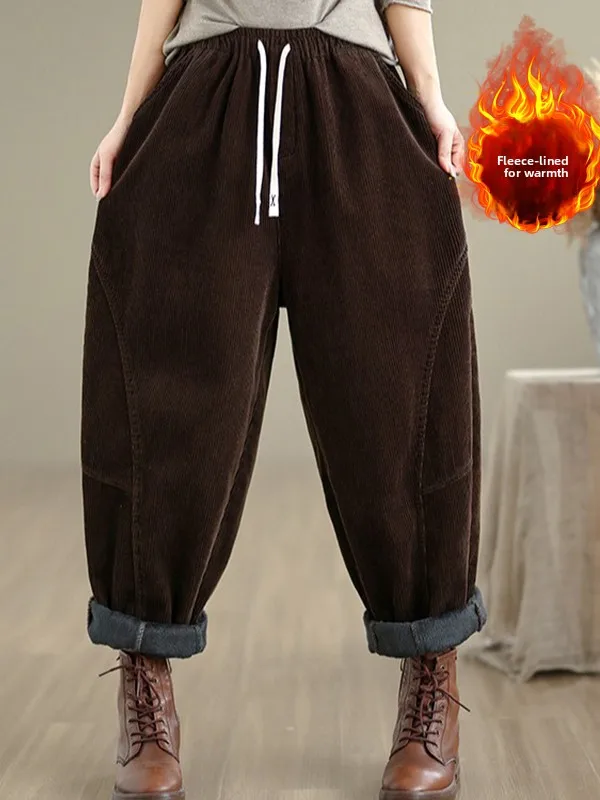 

Thiened Fce Corduroy Dad Pants Large Size Women's Loose Casual Slimming Warm Harlan Pants Autumn Winter Cotton Polyester