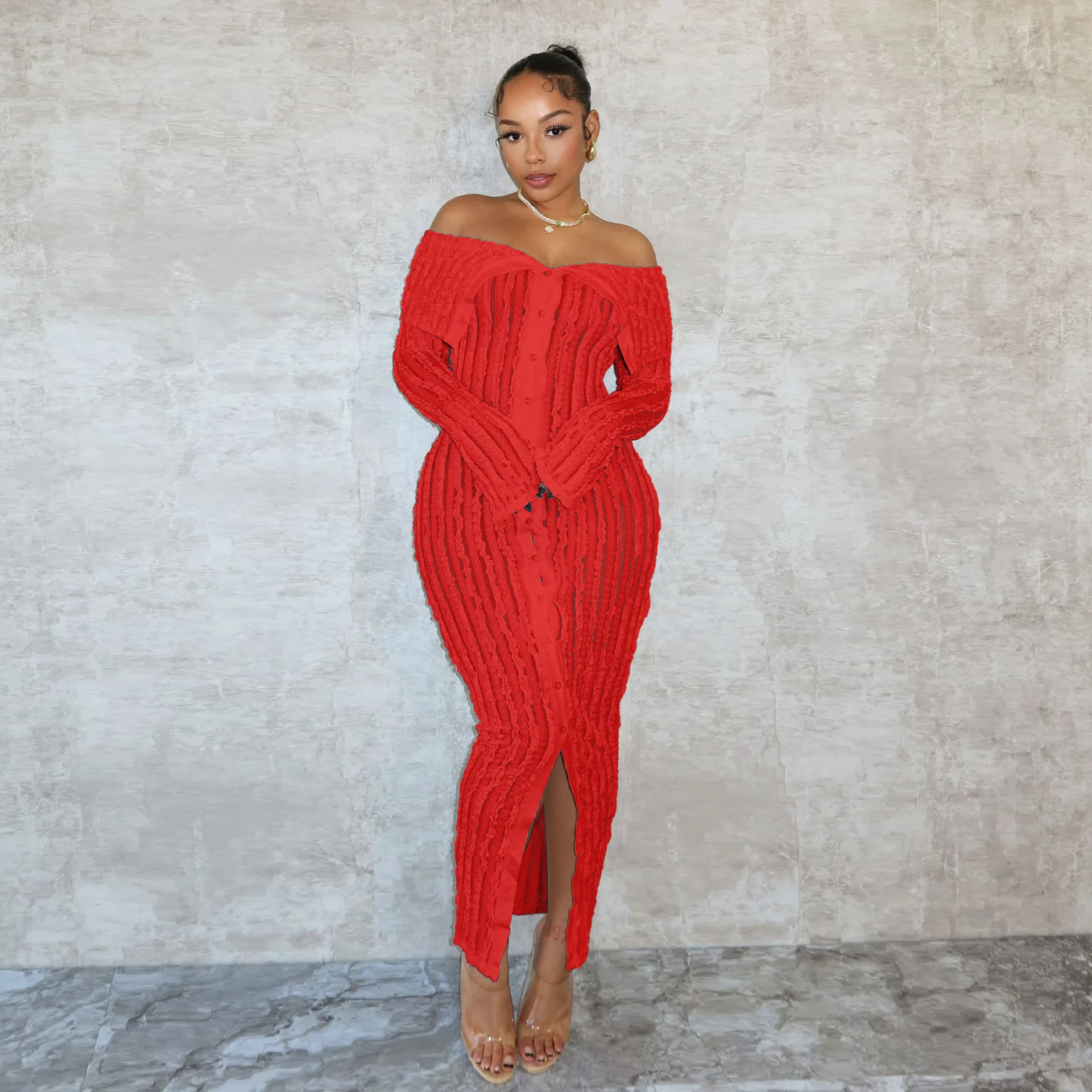 Bodycon 맥시 드레스 여성 섹시한 오프 숄더 메쉬 쉬어 싱글 브레스트 웨이브 스트라이프 나이트 클럽 파티 롱 드레스 생일