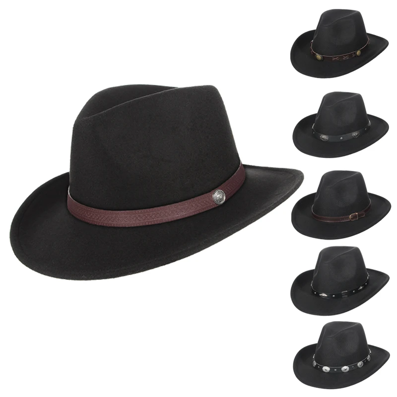 Autumn Winter Western Cowboy Hat for Men Women Wide Brim Fedora Jazz Hats Cowgirl Hat with Belt