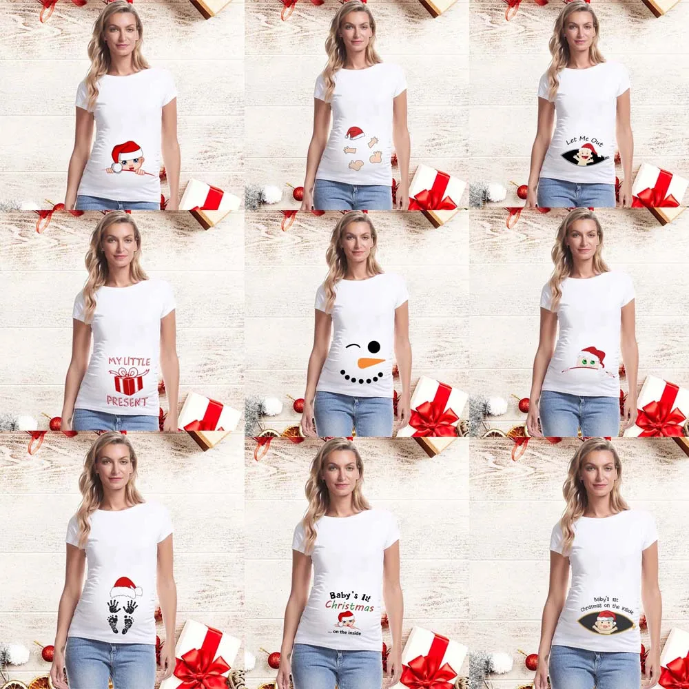 Best Gift 2025 Merry Christmas Maternity T-shirts It's My First Christmas Funny Print Pregnancy Anouncement Tops Tee Shirts