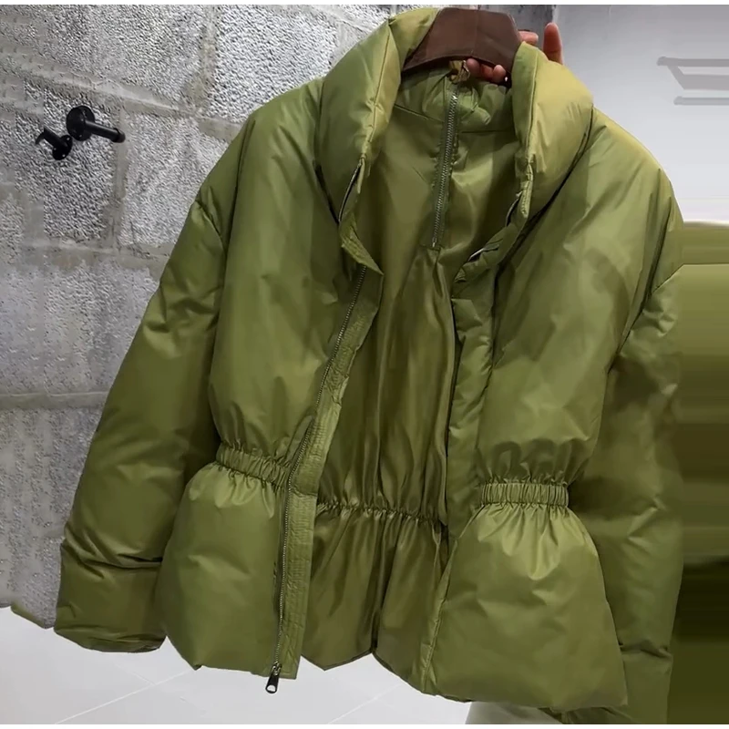 Glossy Stand‑Collar Drawstring Waist Back Zip‑Up Puffer Coat 2026 Winter Women Warm Padded Jacket Trendy Lady Cotton‑Padded Coat