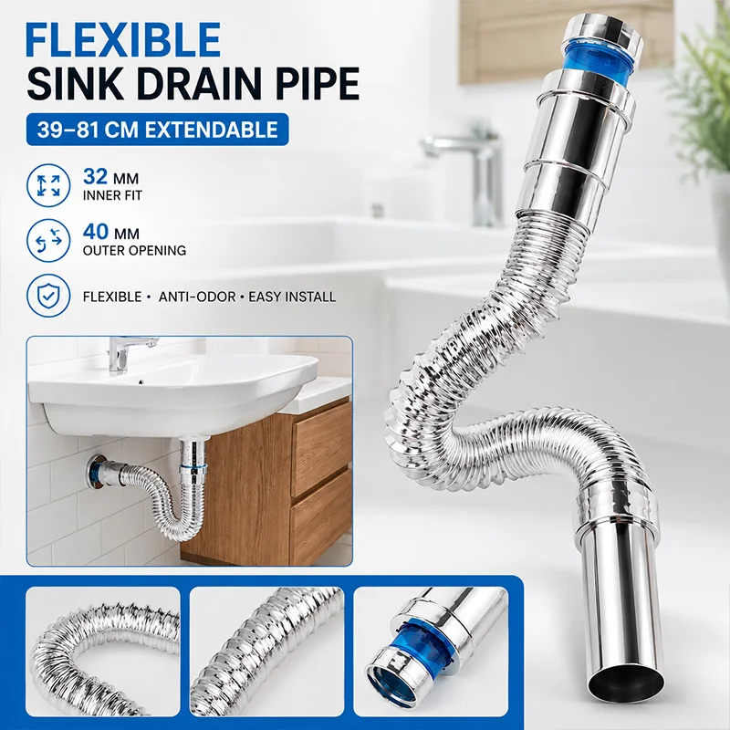 Flexible Stainless Steel Sink Drain Pipe S Trap Kitchen Bathroom Basin Waste Water Downpipe Anti Odor Plumbing Hose Connector