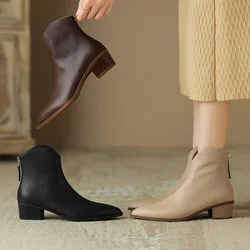 NEW Autumn Boots Women Split Leather Shoes for Women Pointed Toe Chunky Heel Shoes Retro Zipper Short Boots Apricot Ankle Boots
