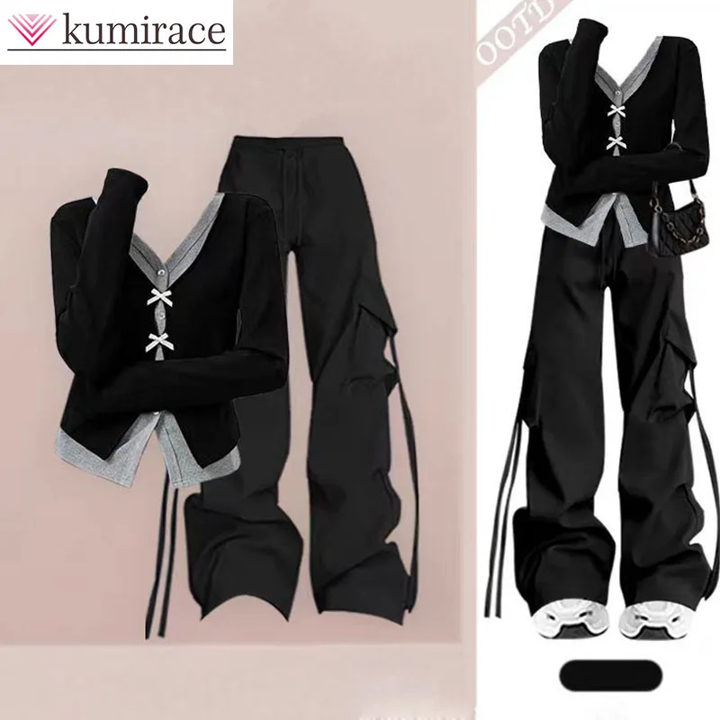 

Korean Style College Style Women's Fake Two-piece Spliced V-neck Top 2025 New Autumn and Winter Work Pants Two-piece Setpant Set