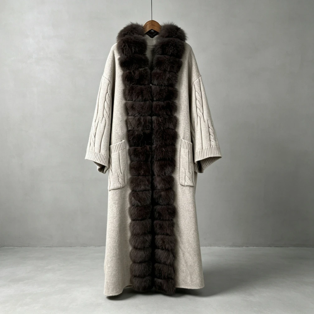 Women's Double Face Woolen Outerwear Real Fox Fur Collar Coat Knitted Sleeves Simple Casual Fashion Warm Daily Office Overcoat