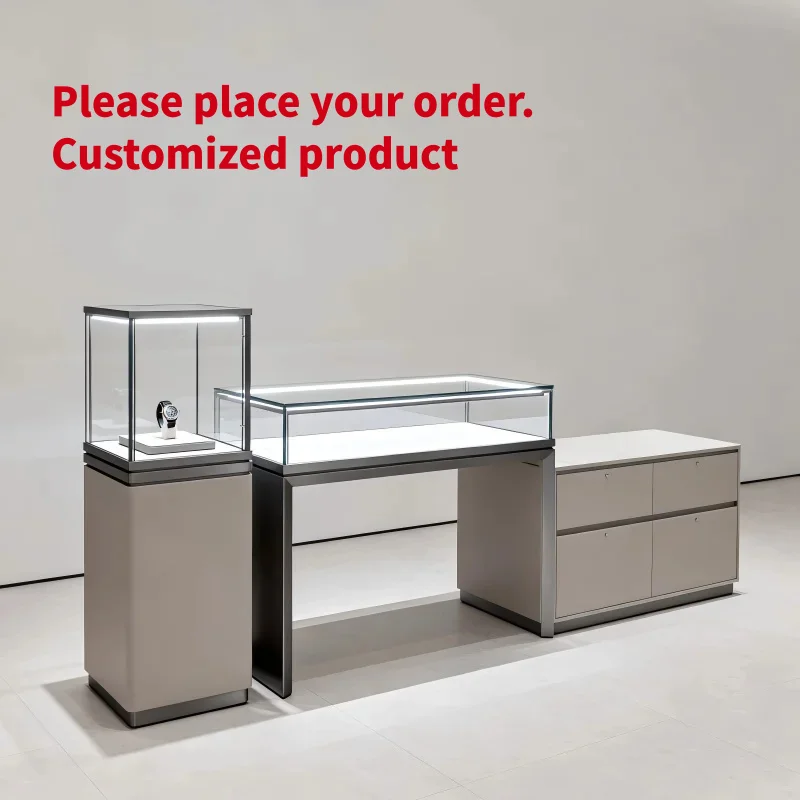 custom.Minimalist Jewelry Display CabinetSet Matte Gun Gray Stainless Steel Watch Showcase with Ultra-white Tempered Glass Retai
