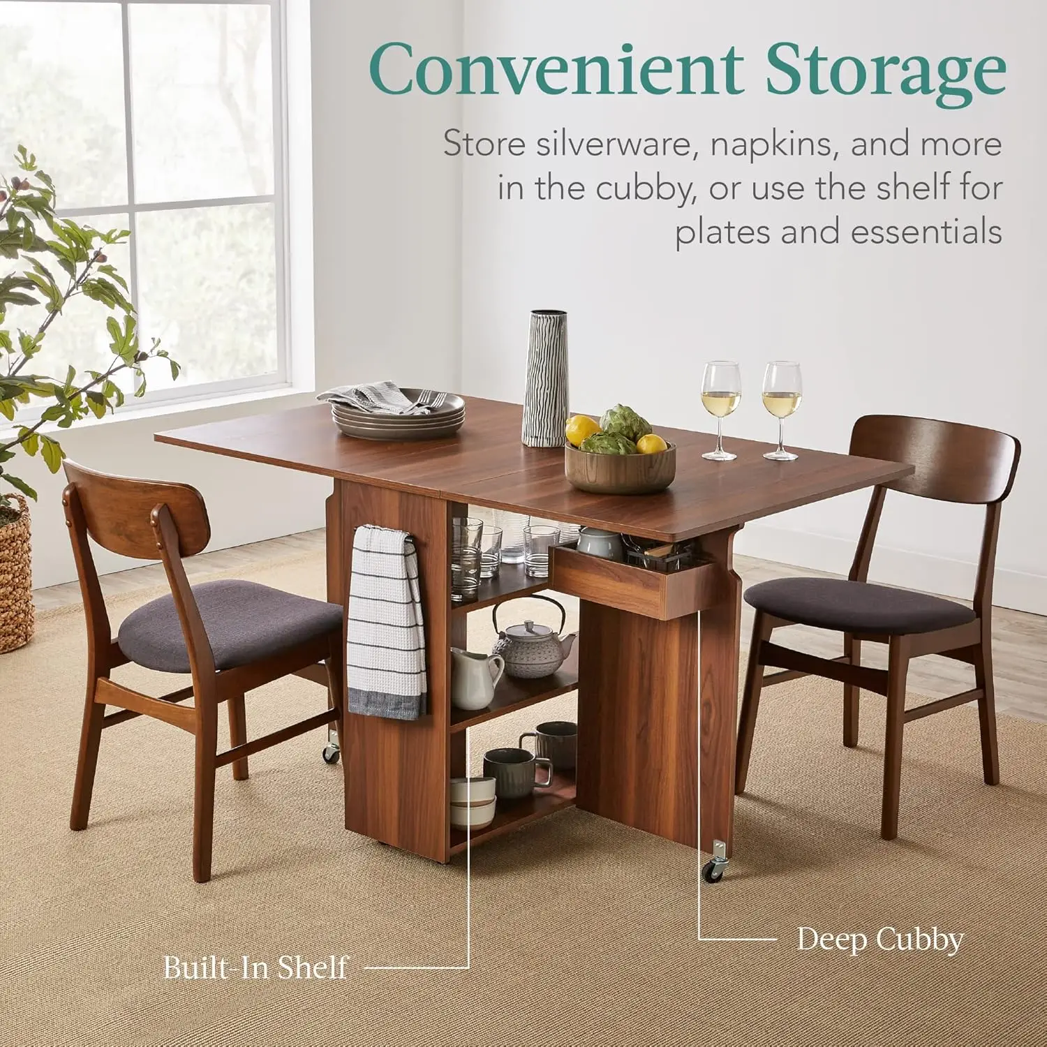 Folding Dining Table, Multipurpose Space Saving Collapsible Drop Leaf Extension Desk w/Wheels, 3 Storage Shelves - Brown